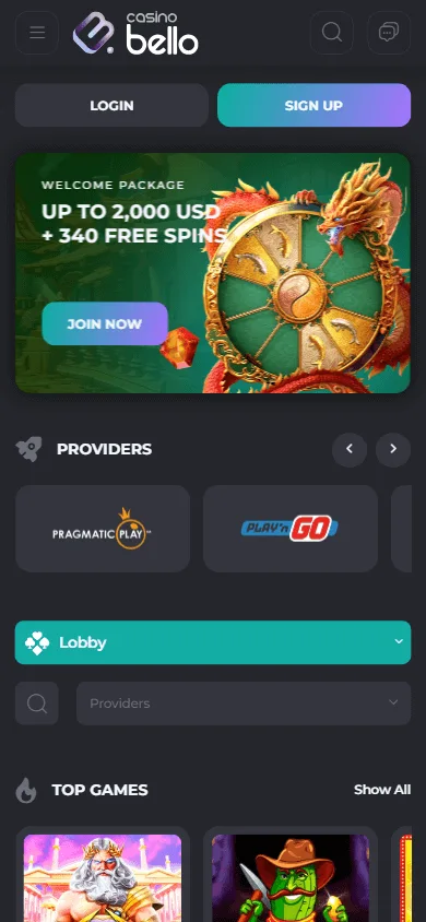 Casino Bello casino interface on a mobile device