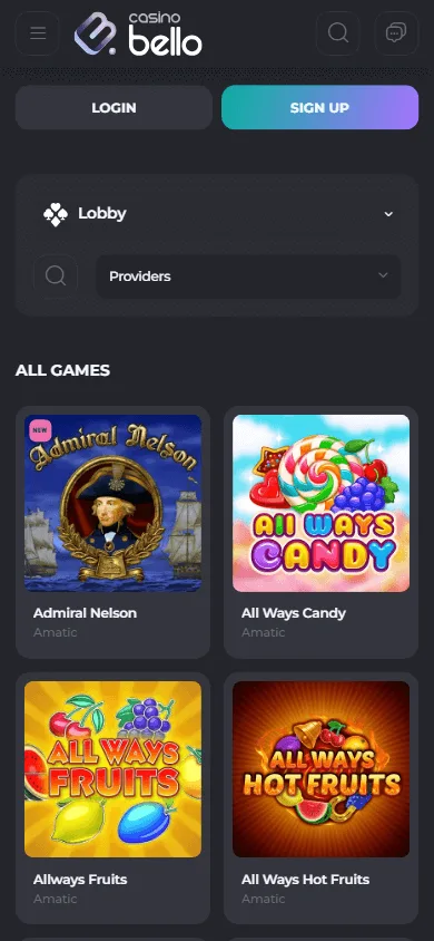 Casino Bello games interface on a mobile device