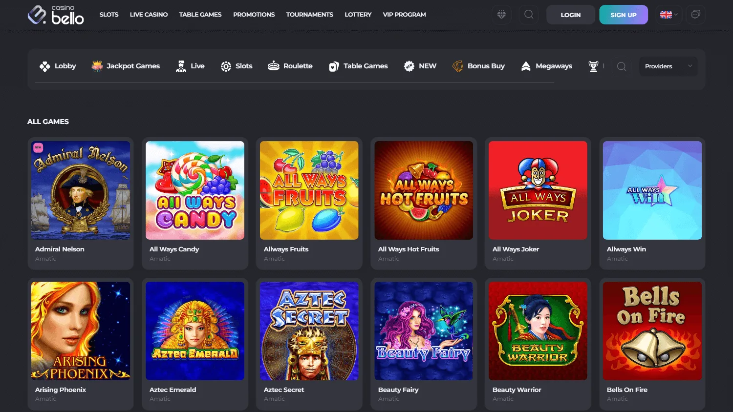 Casino Bello games interface on desktop