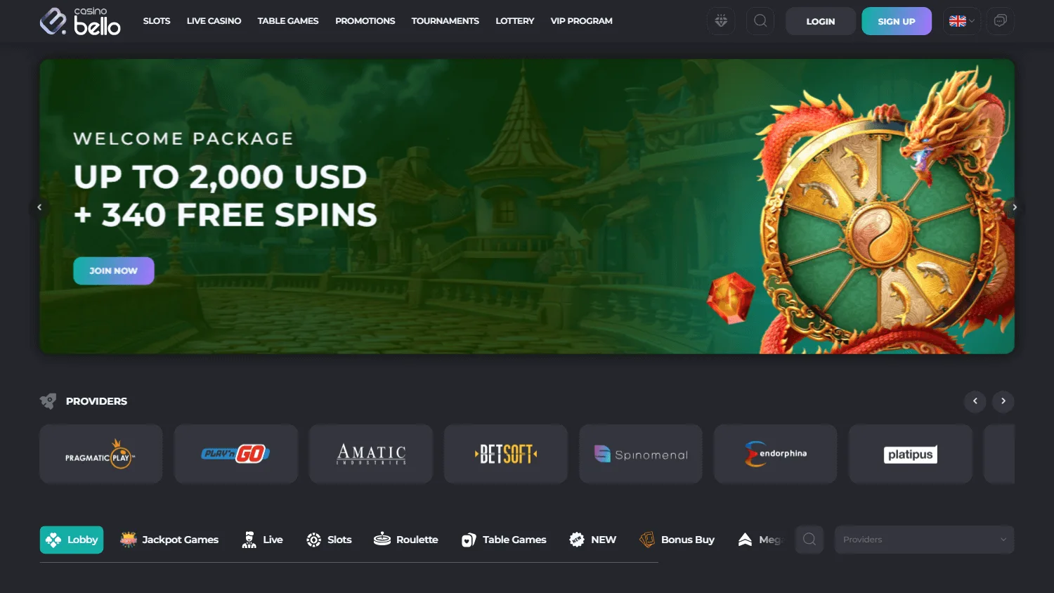 Casino Bello casino interface on desktop