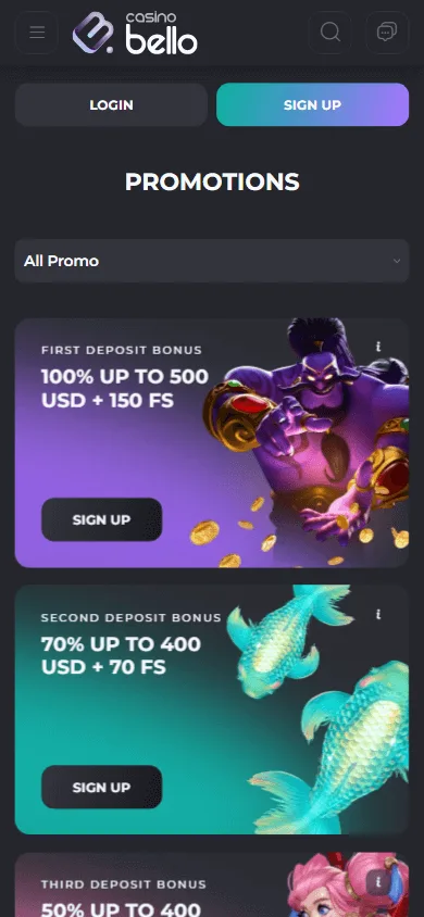 Casino Bello promotions interface on a mobile device