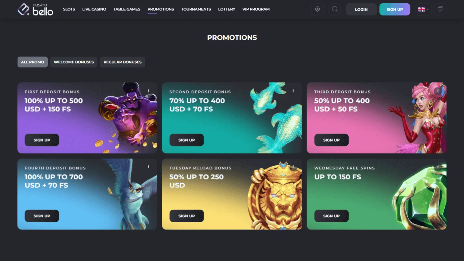 Casino Bello promotions interface on desktop
